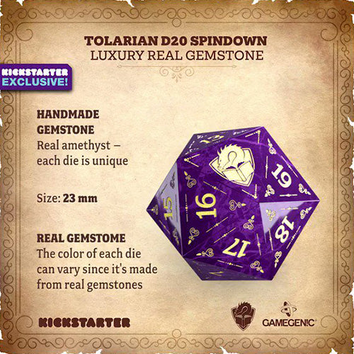 Tolarian D20 Spindown Luxury Gemstone by Gamegenic (Amethyst, 23mm) – Kickstarter Exclusive